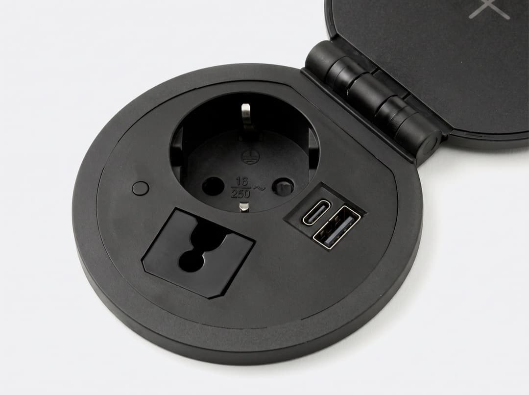 Inbouw powerbox Ø8 cm met draadloze lader — Stroom en usb onder de klep