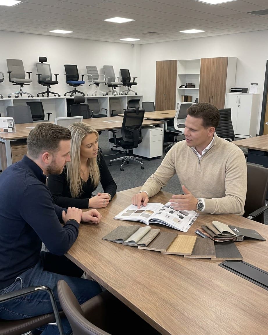 Adviesgesprek met stalen in de showroom